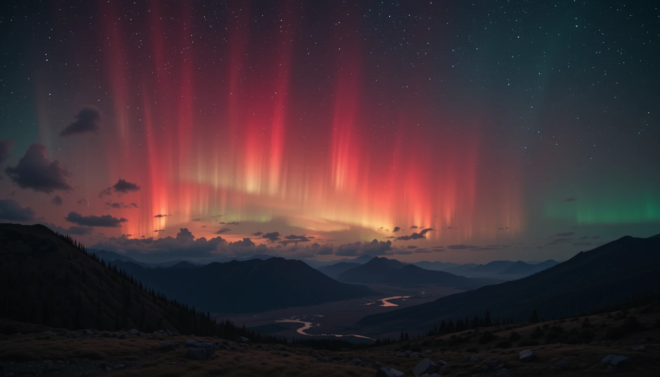 Aurora boreal tinge o céu da Mongólia com tons vermelhos impressionantes